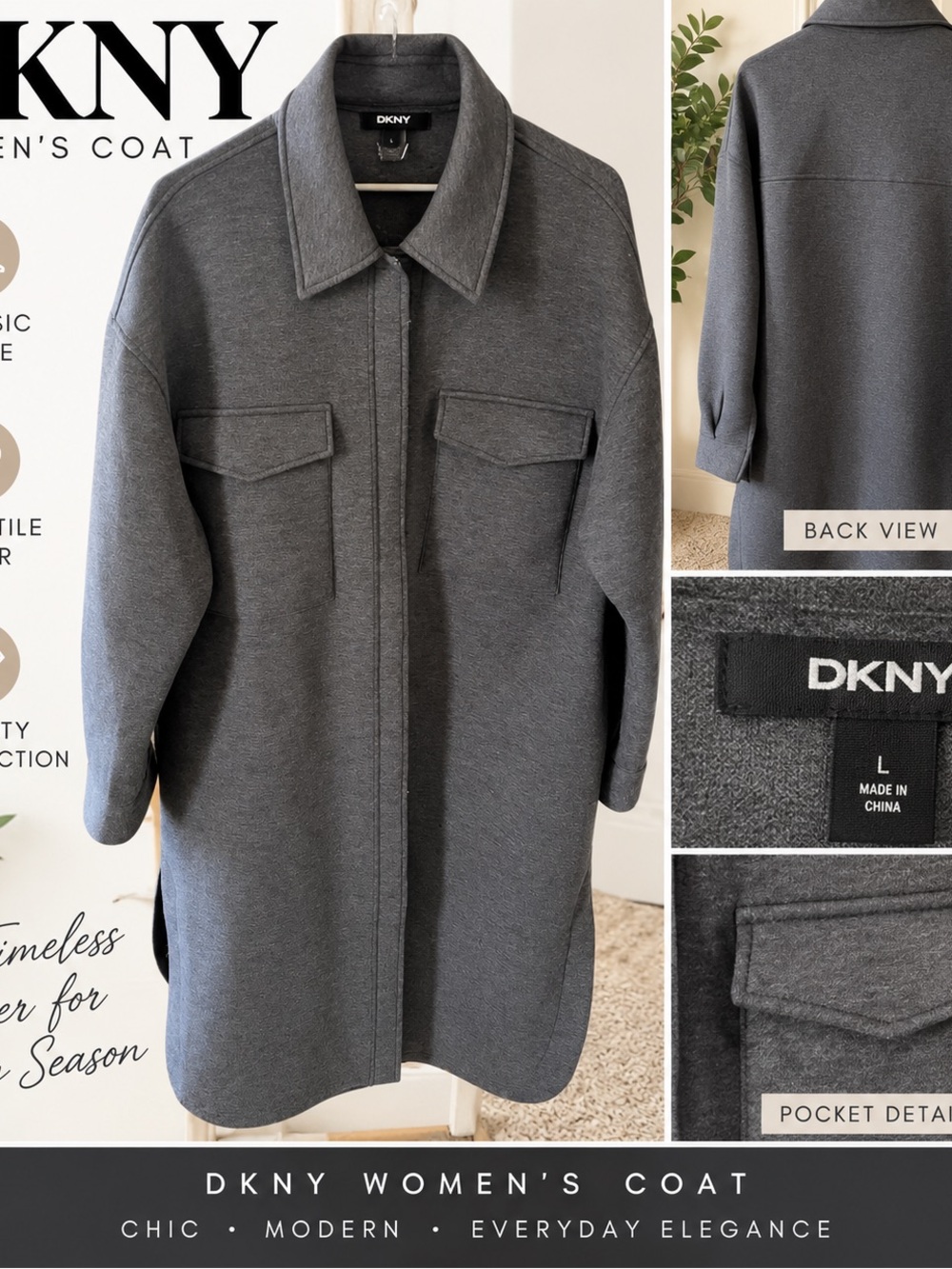 DKNY Gray Women's longline coat small